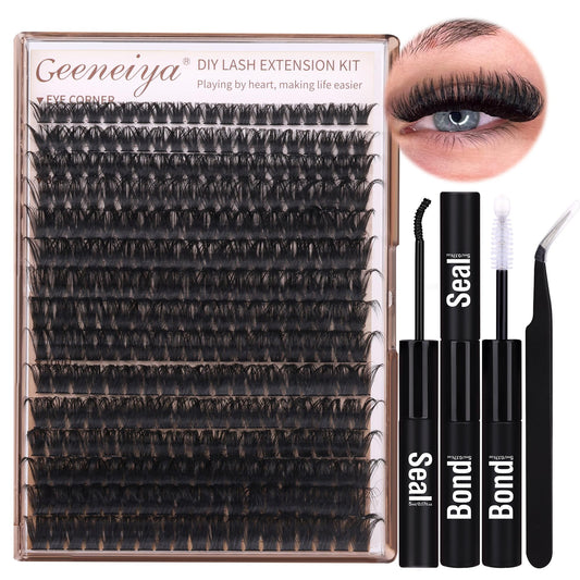 Geeneiya Volume Lash Clusters Kit DIY Lash Extension Kit D Curl Eyelash Extensions with Waterproof Lash Bond and Seal Waterproof Tweezers,10-14mm Eye Corner Eyelashes and 16-18MM Cluster Lashes 300Pcs