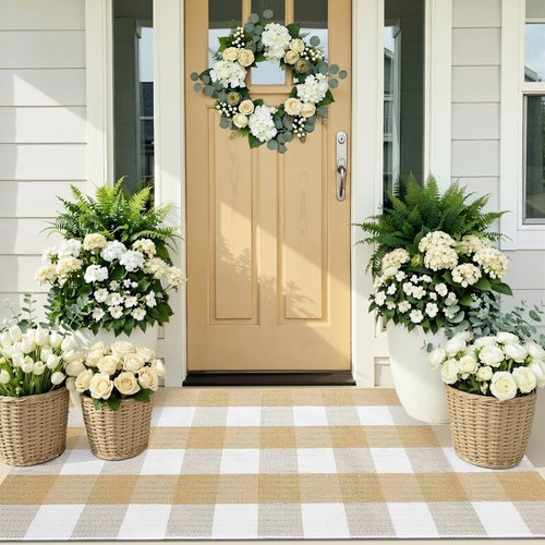 OLANLY Buffalo Plaid Rug - Beige & White Cotton Checkered Doormat | Washable 2' x 4'3" Indoor/Outdoor Decor