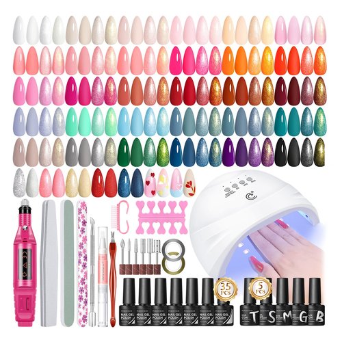PEACECOLOR 53PC Gel Nail Polish Kit with U V Light and Drill 35 Colors Soak Off Gel Polish with Matte Glitter Glossy Top Base Coat Art Manicure Complete Nail Polish Kit Gifts for Women