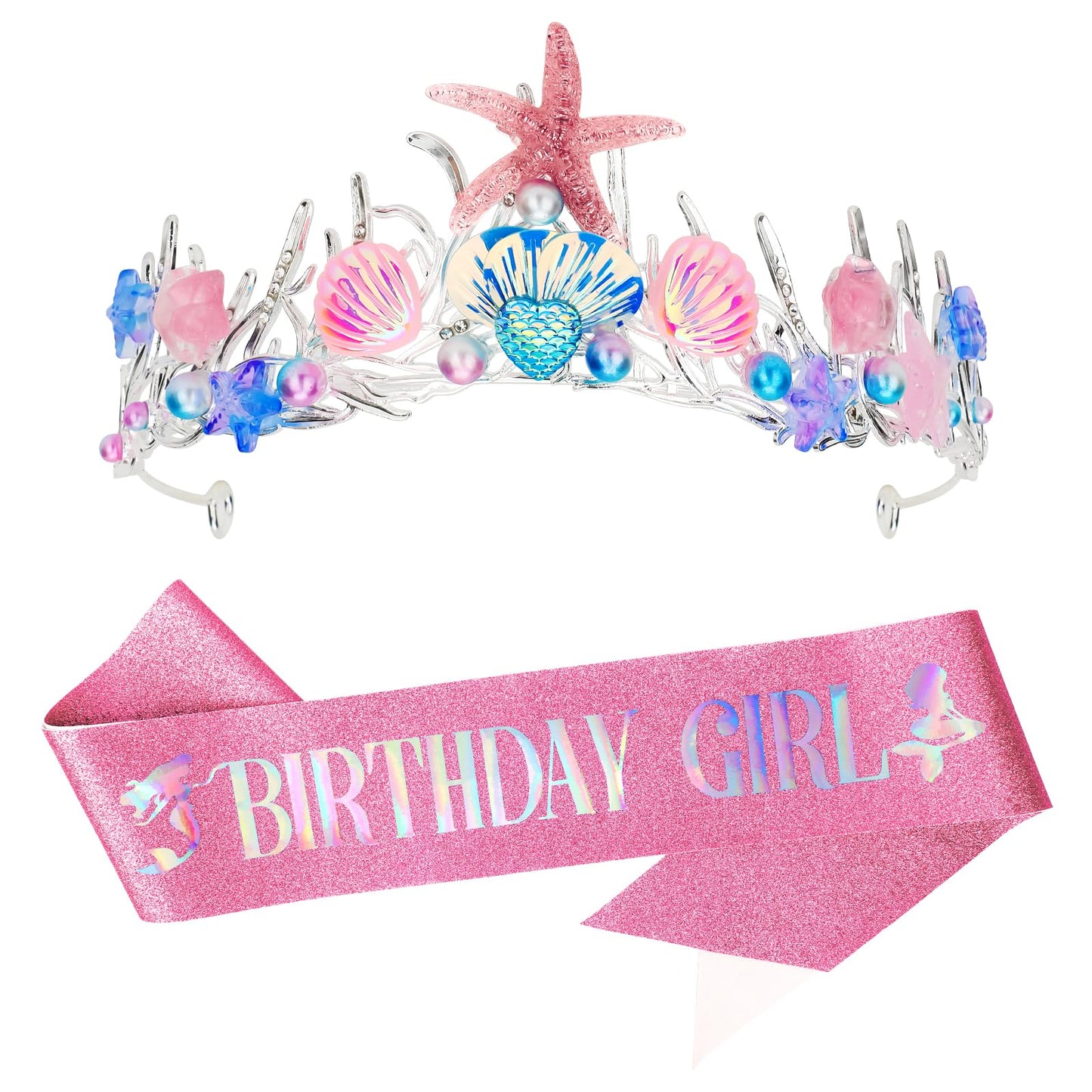 GAFATORY Pink Mermaid Crown and Sash for Women Birthday Crown and Sash for Birthday Girl Mermaid Adult Crown Ocean Theme Mermaid Birthday Decoration Birthday Gift Seashell Fishtail Crown Halloween