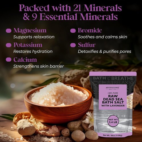 Aromasong Pure Raw Dead Sea Salt - 100% Natural Lavender Spa Bath Salt, 5 LB Resealable Pack