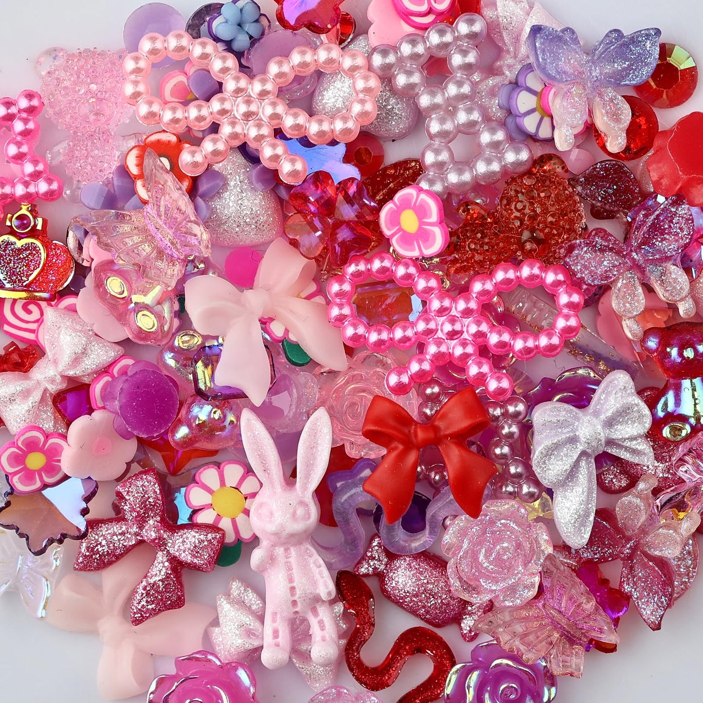 Kikonoke 2050 Pieces 3D Butterfly Rose Flower Bow Rabbit Bear Nail Charms Kit with Nail Art Rhinestones Pearls Crystal Gems Nail Slices for Manicure DIY Crafts Jewelry Accessories (Pink Purple Red)