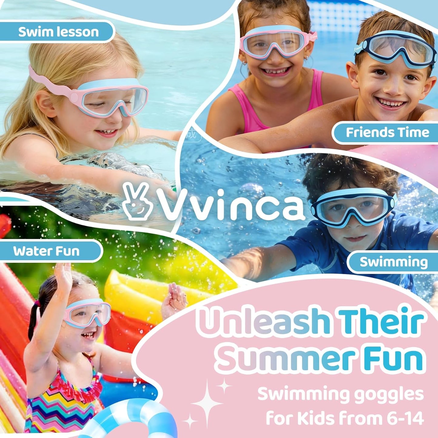 Vvinca Kids Swim Goggles - Anti-Fog, Leak-Free Design with Soft Wave-Shape Strap | 2 Pack for Ages 3-15
