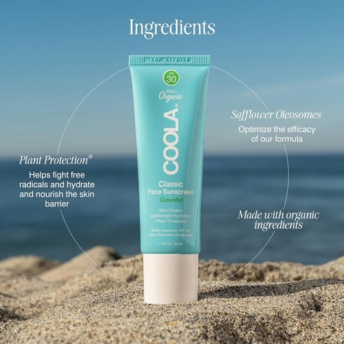 COOLA Organic Face Sunscreen SPF 30 - Vegan & Gluten-Free Daily Skin Protection | Cucumber, 1.7 Fl Oz