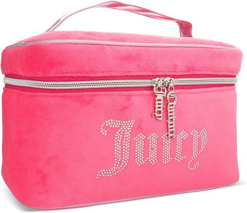 Juicy Couture Makeup Bag - Pink Velour Organizer with Rhinestones | Travel Essentials Train Case