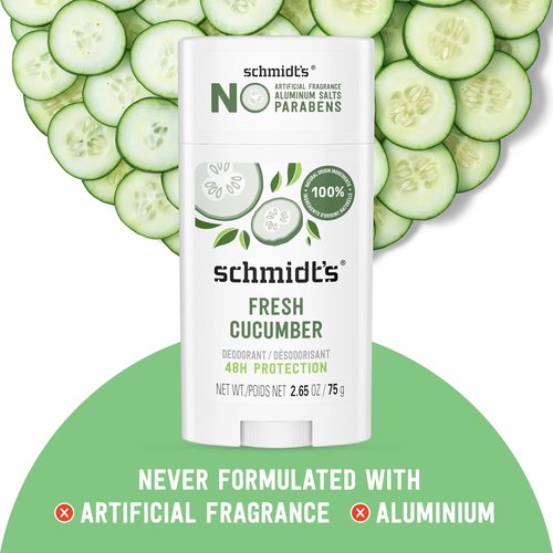 Schmidt's Aluminum-Free Vegan Deodorant - Fresh Cucumber Scent | 24-Hour Odor Protection, 2.65 oz