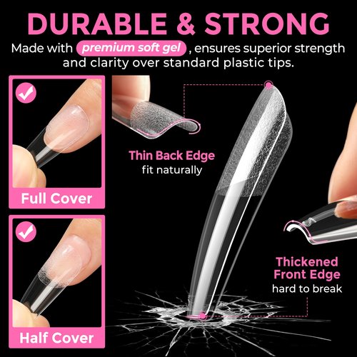 UNA GELLA Long Coffin Nail Tips: 216pcs Coffin Acrylic Fake Nails Full Cover Gel Nail Tips Press On Nails Clear Tips for Nail Extension DIY Salon 12 Sizes