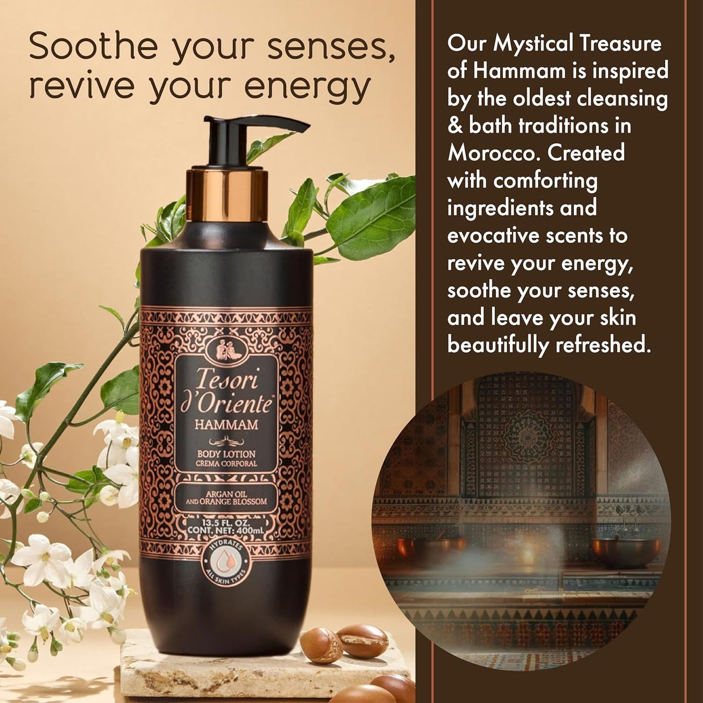 Tesori d’Oriente Body Lotion - Fast-Absorbing Argan Oil Moisturizer | 13.5 fl oz, Orange Blossom Scent