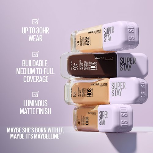 Maybelline Super Stay Lumi-Matte Foundation, Lightweight and Buildable Full Coverage Foundation Makeup For Up To 30HR Wear, 128, 1 Count