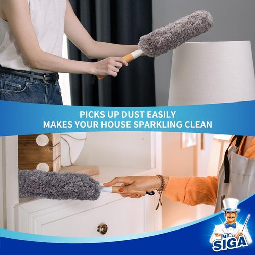 MR.SIGA Lint-Free Microfiber Duster - Washable & Reusable with Bamboo Handle | Ideal for Household Cleaning