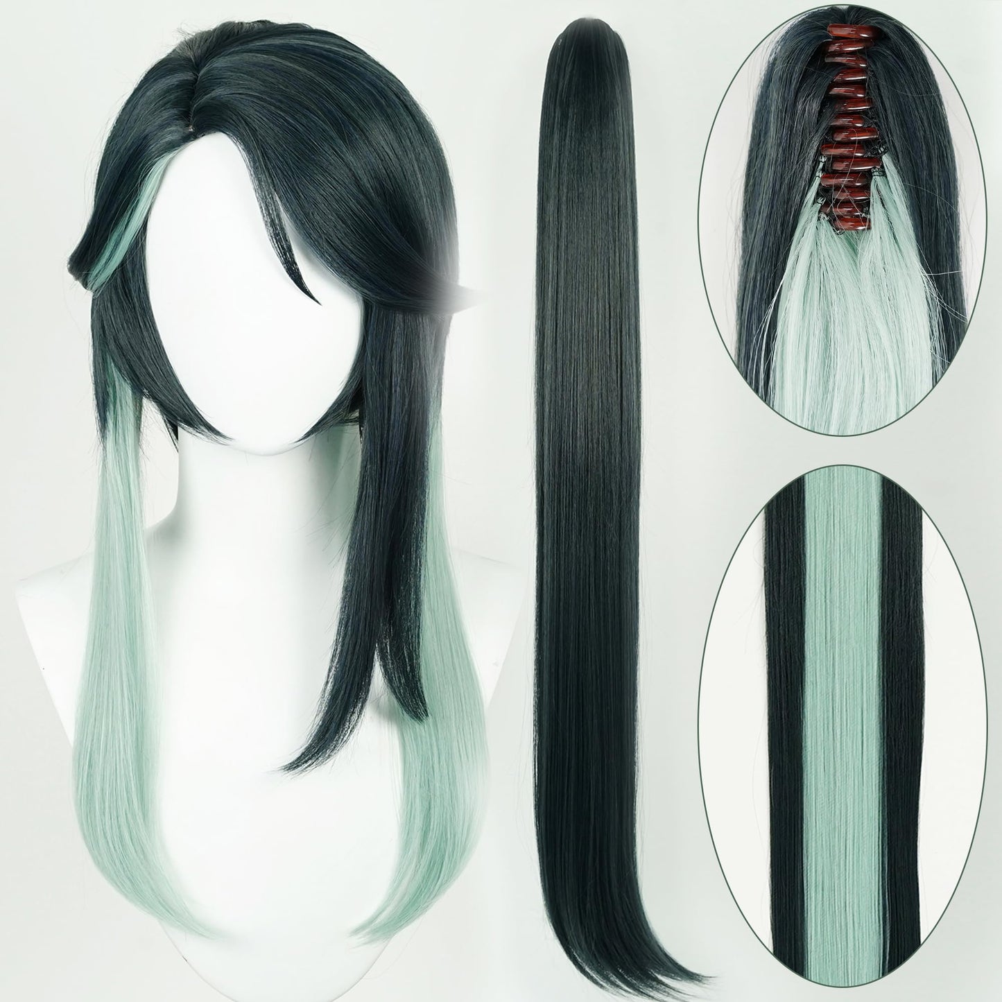 Genshin Impact Xianyun Cosplay Wig Green Long Straight Hair With Detachable Ponytail Costume Hair Adult Halloween Wigs for Women