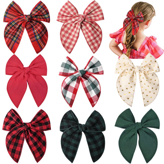 DEEKA 8 PCS Large Christmas Fable Hair Bows Cotton Linen Red and Black Plaid Hair Bow for Toddlers Girls Handmade Christmas Hair Accessories for Little Girls Kids