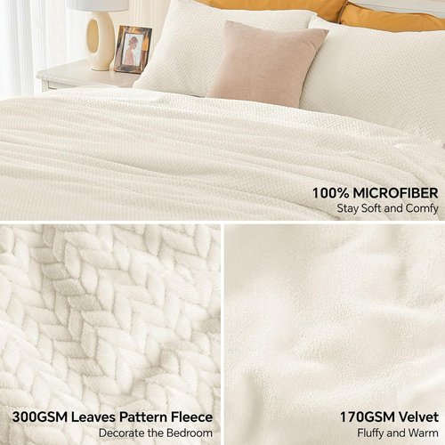 ChiXpace Flannel Fleece Twin Comforter Set - Ultra Soft Furry Beige Leaves Pattern | Cozy Velvet Bedding with 1 Pillow Case