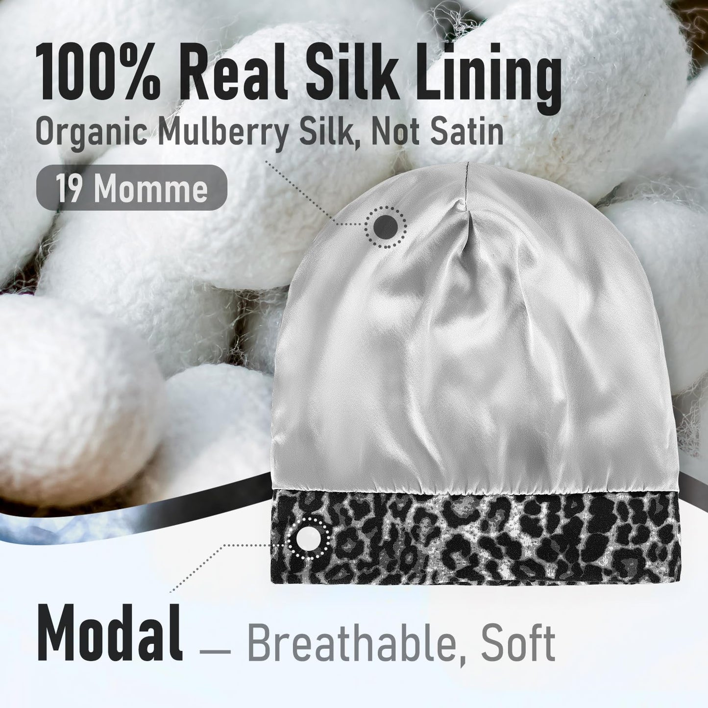 SOLZEK Real Silk Bonnet for Sleeping Hair Wrap Men Women Curly Adjustable Night Cap for Natural Hair Anti Frizz Stay on Double Layer 1Pcs (Leopard)