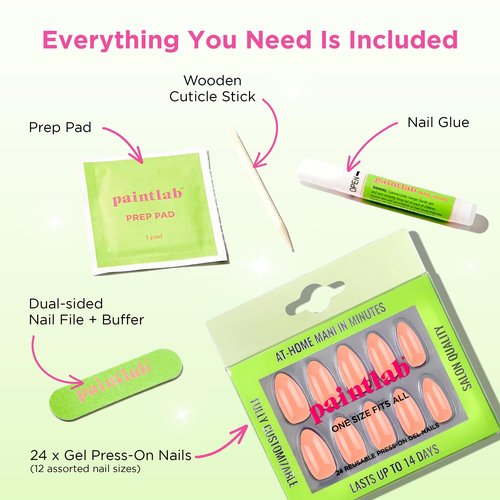 PaintLab Press-On Nails Manicure Kit, Long-Lasting Solid Color Almond Shaped Fake Nails, Glue, File, Prep Pad & Cuticle Stick, 24-Piece Set