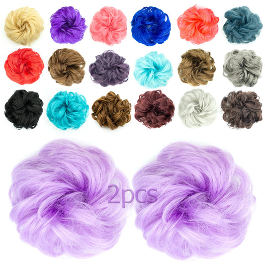 QTHQTFL 2pcs Messy Bun Scrunchie Hair Pieces - Elastic Rubber Band Curly Wavy Synthetic Ponytail Extensions for Women Girls (Light Purple)