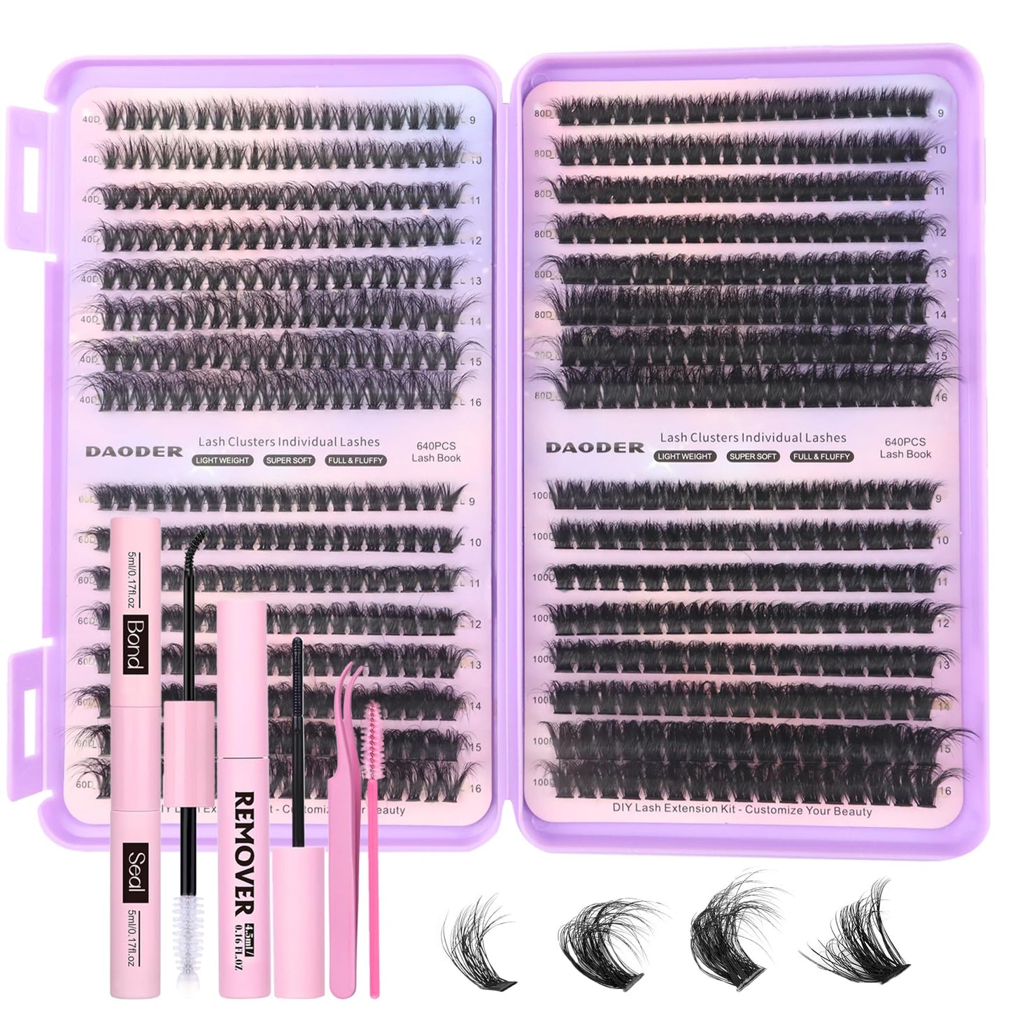 DAODER Eyelash Extension Kit - 640pcs Fluffy Lash Clusters Kit 40D+60D+80D+100D Multi Style Thick Lash Extension Dramatic With Bond Seal and Revmover Waterproof 9-16mm(40D+60D+80D+100D Kit 640pcs)