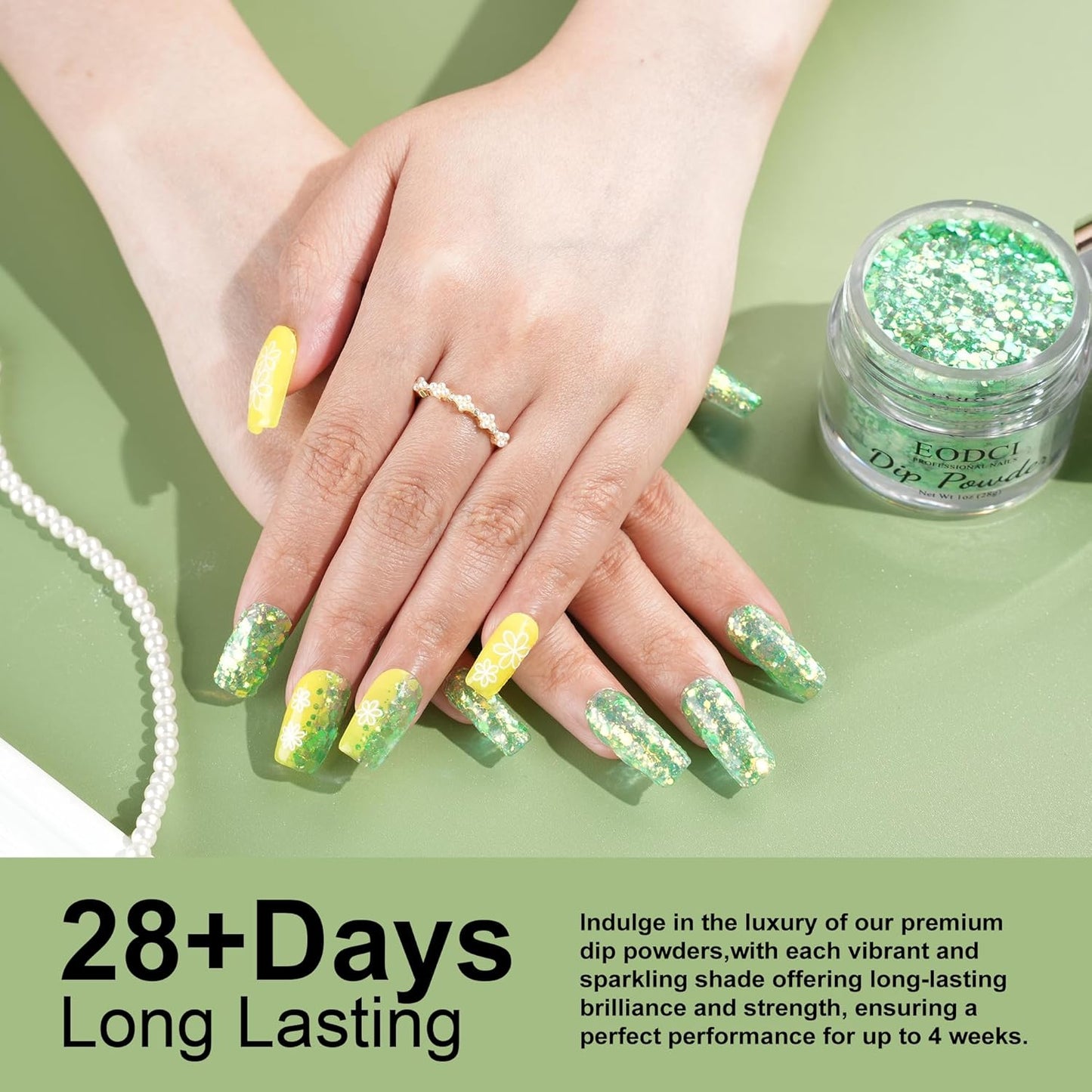 Glitter Green Dip Powder, 1 Oz/28g Nail Dipping for DIY Manicure Salon at Home Easy to Use Nail Dip Powder for Women gift No Needed Lamp Curing