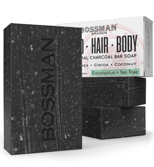 Bossman 3 Pack Mens Bar Soap 4-in-1 All Natural Organic Beard Wash, Shampoo, Body Wash, Shaving and Bath Soap - Essential Beard Care (4oz), Scent- Eucalyptus and Tea Tree