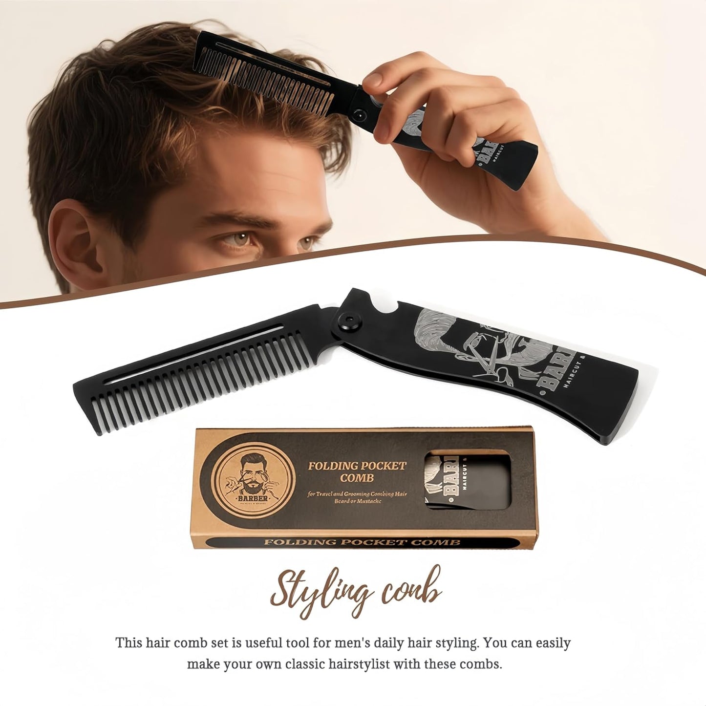 Skiennix Men's Metal Folding Pocket Beard & Mustache Comb - EDC Knife Comb with Bottle Opener | Anti-Static for Stylish Haircuts - Black