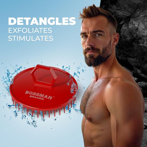Bossman Scalp Massager & Shampoo Brush - 3 Inch Red Exfoliator for Scalp, Hair & Beard Care
