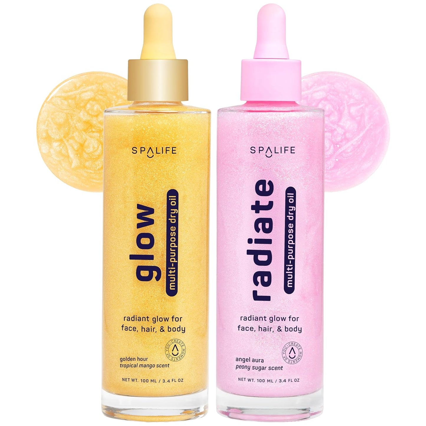 SpaLife Beauty Radiate & Glow Shimmer Oil Bundle - Hydrating Dry Oil Duo with Mango & Peony Scents