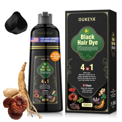 OUKEYA Black Hair Dye Shampoo 4 In 1, Hair Color Shampoo for Gray Hair Coverage for Women & Men, Instant Natural Herbal Ingredients Color, Professional Salon-Level Treatments