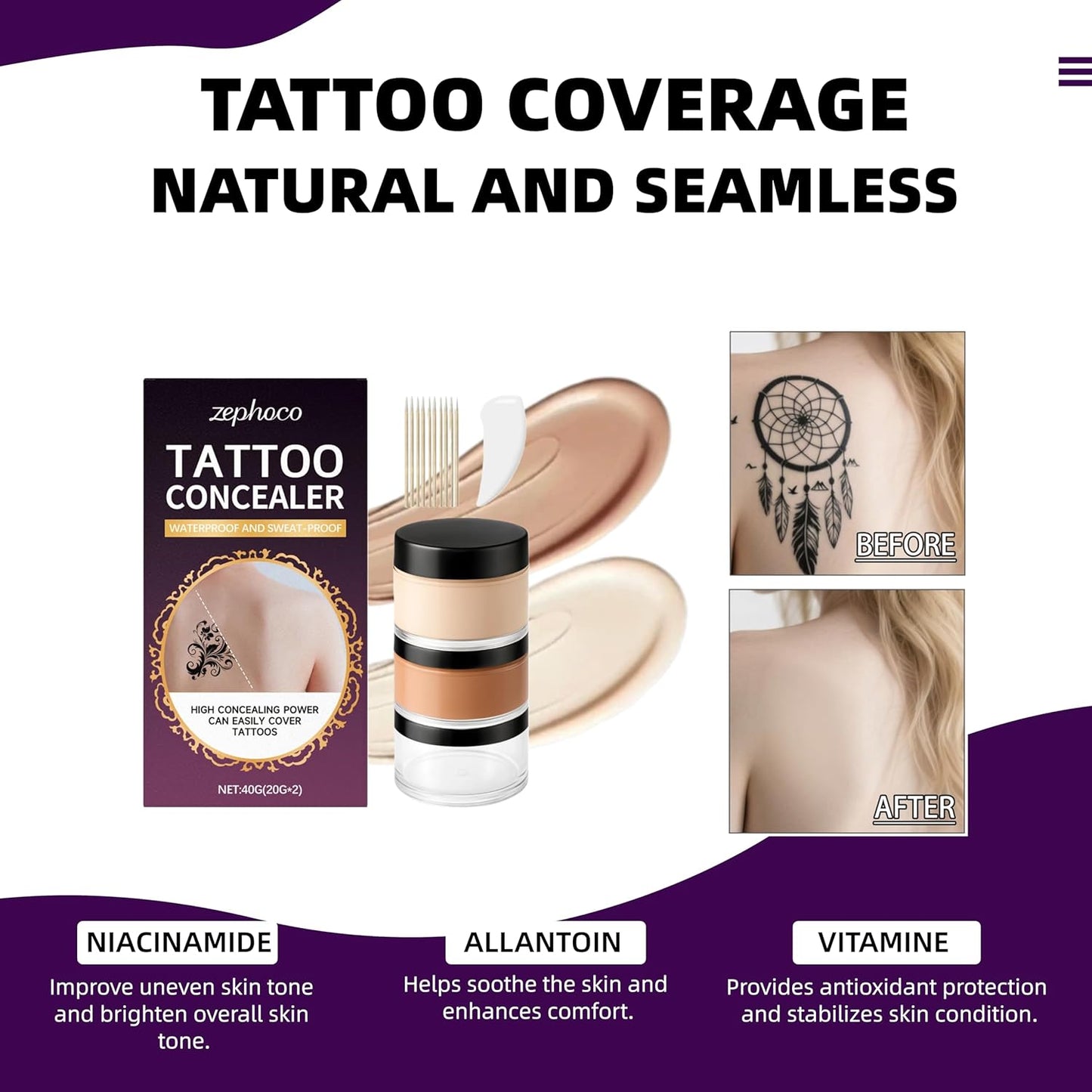 Skiennix Full Coverage Tattoo Cover Up Cream - Waterproof & Sweatproof Concealer for Scars, Birthmarks & Dark Spots - Dual Shades (Ivory & Medium Deep)