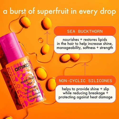 Amika Superfruit Star Lightweight Hair Styling Oil - Heat Protection, Strengthens & Reduces Breakage | For All Hair Types