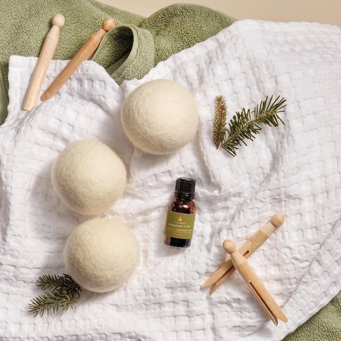 Thymes Wool Dryer Balls Set - 3 Eco-Friendly Laundry Balls + Scented Fragrance Oil | Eliminate Wrinkles & Static (Frasier Fir, 0.5 fl oz)