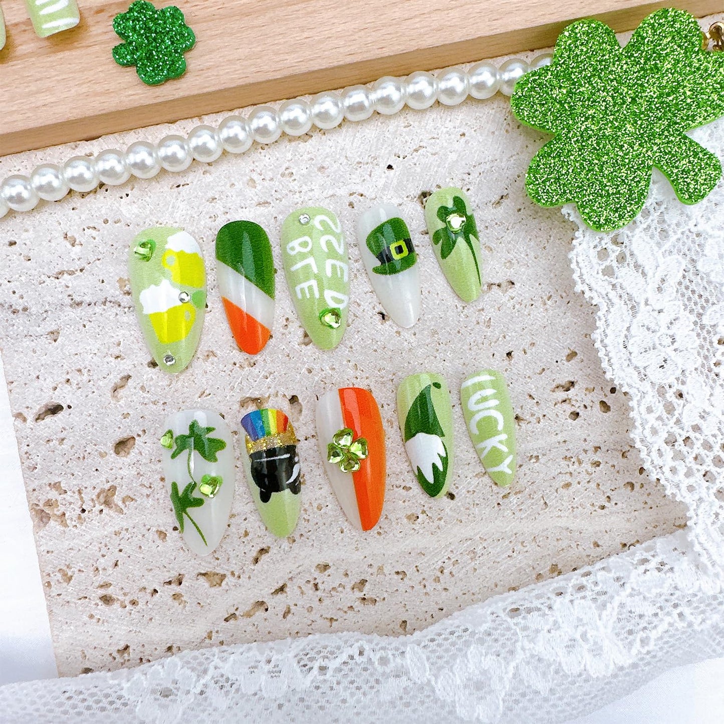 24Pcs St Patrick's Day Press on Nails Short Square Gold French Tip Fake Nails with Gold Rhinestones Horseshoe Rainbow Shamrocks False Nails St Patricks Day Acrylic Nails Irish Stick on Nails for Women