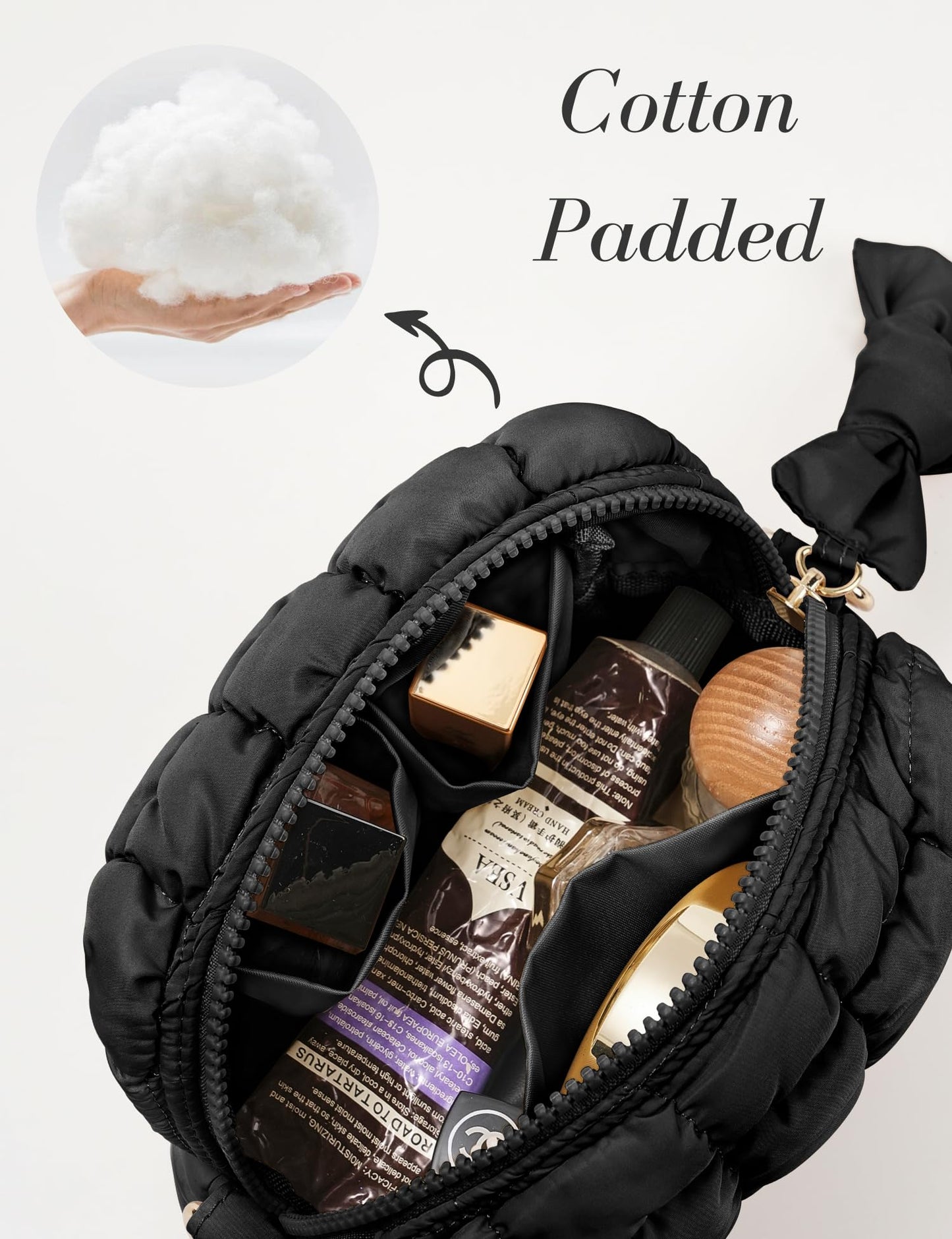 Yarnic Quilted Makeup Bag Cosmetic Bag, Travel Toiletry Bag for Women, Cute Makeup Bag Organizer Puffer Makeup Pouch (S, Black)