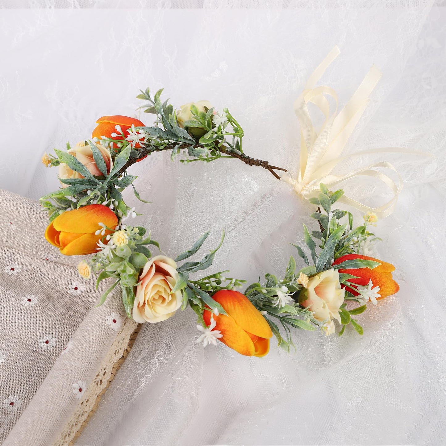 Vivivalue Women Floral Crown Flower Garland Headband Hair Wreath Floral Headpiece Halo Boho with Ribbon Wedding Party Festival Photos