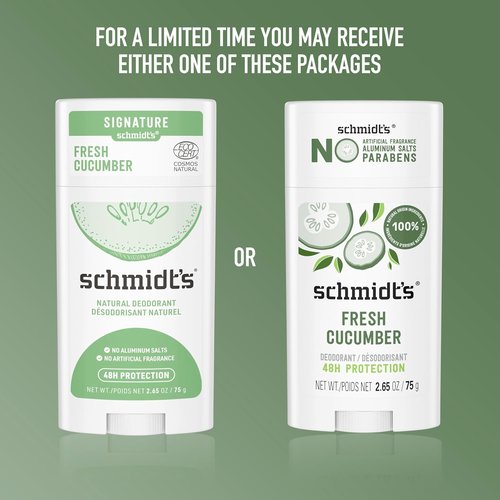 Schmidt's Aluminum-Free Vegan Deodorant - Fresh Cucumber Scent | 24-Hour Odor Protection, 2.65 oz