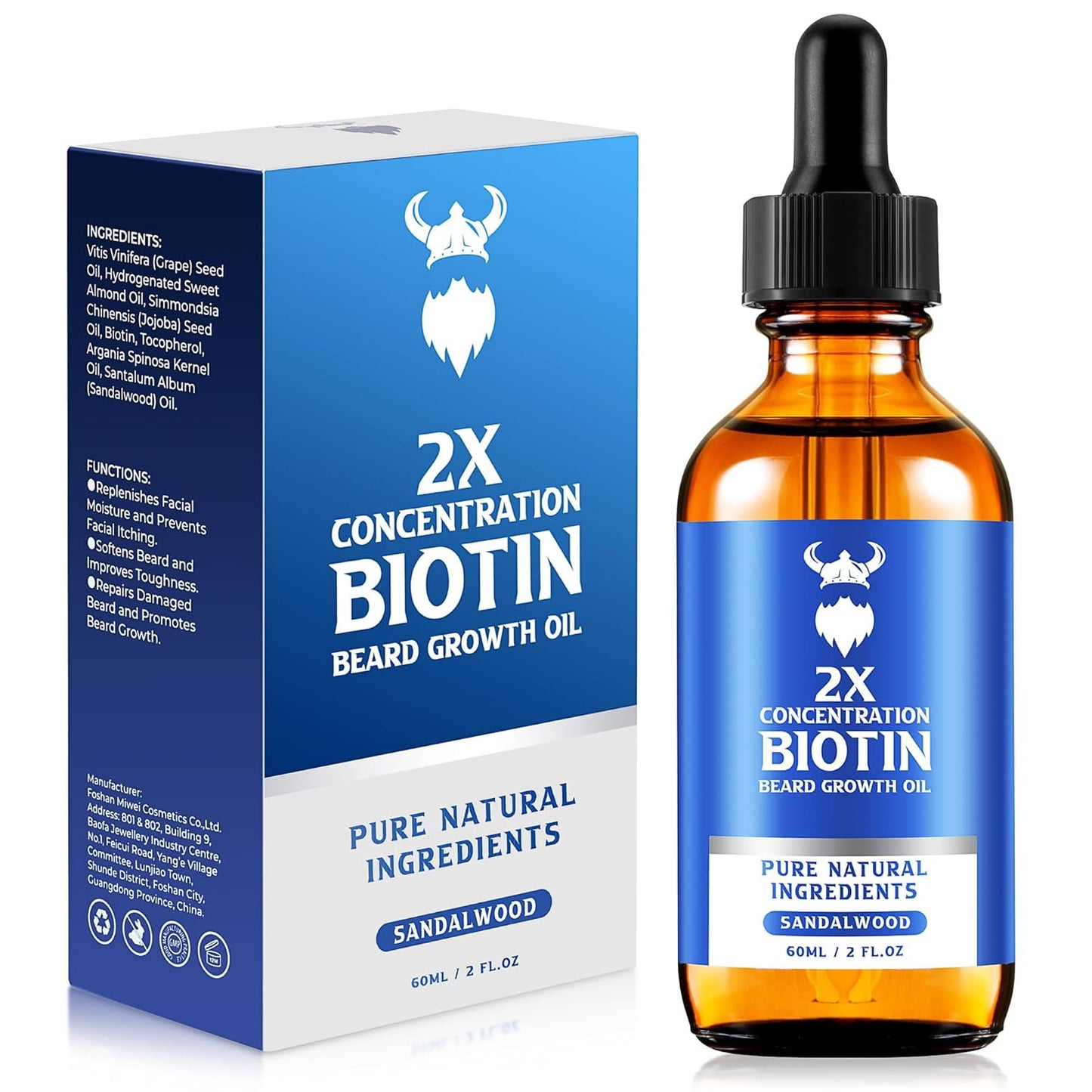 Skiennix Beard Growth Oil - 2X Biotin Concentration for Men (2 oz) - Natural Argan & Jojoba Oil, Moisturizer & Softener (Sandalwood)