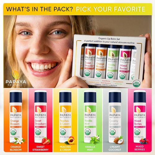 Papaya Naturals Organic Lip Balm Set - 6 Pack of Moisturizing Beeswax & Cocoa Butter Balms | Assorted Fruit Flavors