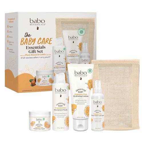 Babo Botanicals Baby Care Essentials Gift Set | Fragrance-Free Skincare & Bath for Delicate Skin - 5 Items