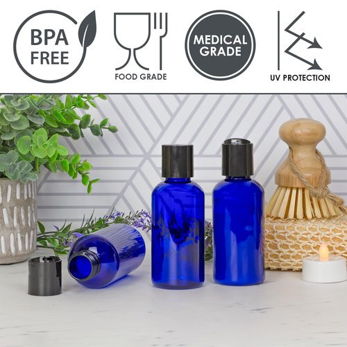 4oz Empty Cobalt Blue Plastic Squeeze Bottles with Disc Top Flip Cap (6 pack); BPA-Free Containers For Shampoo, Lotions, Liquid Body Soap, Creams