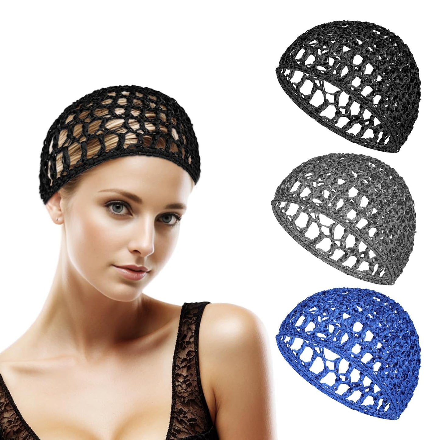Skiennix Soft Rayon Crocheted Sleep Caps - Elastic Mesh Hair Snoods for All Hair Types | 3 Pcs Set