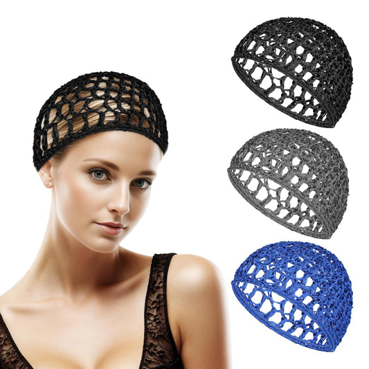 Skiennix Soft Rayon Crocheted Sleep Caps - Elastic Mesh Hair Snoods for All Hair Types | 3 Pcs Set