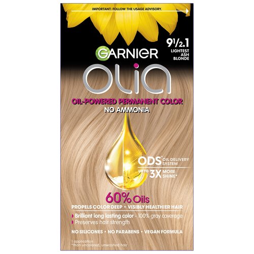 Garnier Olia Hair Color, Ammonia-Free Permanent Hair Dye, Oil-Powered Formula for 100% Gray Coverage and 3x Shinier Hair, Vegan & Cruelty Free, 9 1/2.1 Lightest Ash Blonde, 1 Count