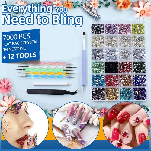 Glarks Rhinestone Gems Kit, 7300Pcs 18 Colors Rhinestones with Gems Adhesive Flat Back Gems Crystal Rhinestones with 12pcs Dotting Tools for Craft, Jewelry and Nail Art