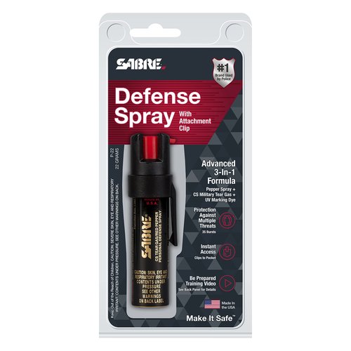 SABRE 3-in-1 Compact Defense Spray – Pepper Spray, Tear Gas & UV Dye, Max Police Strength, Belt Clip for Quick Access, 4X Longer Spray Time (Up to 13 Seconds), 0.67 fl oz, Secure & Easy Safety