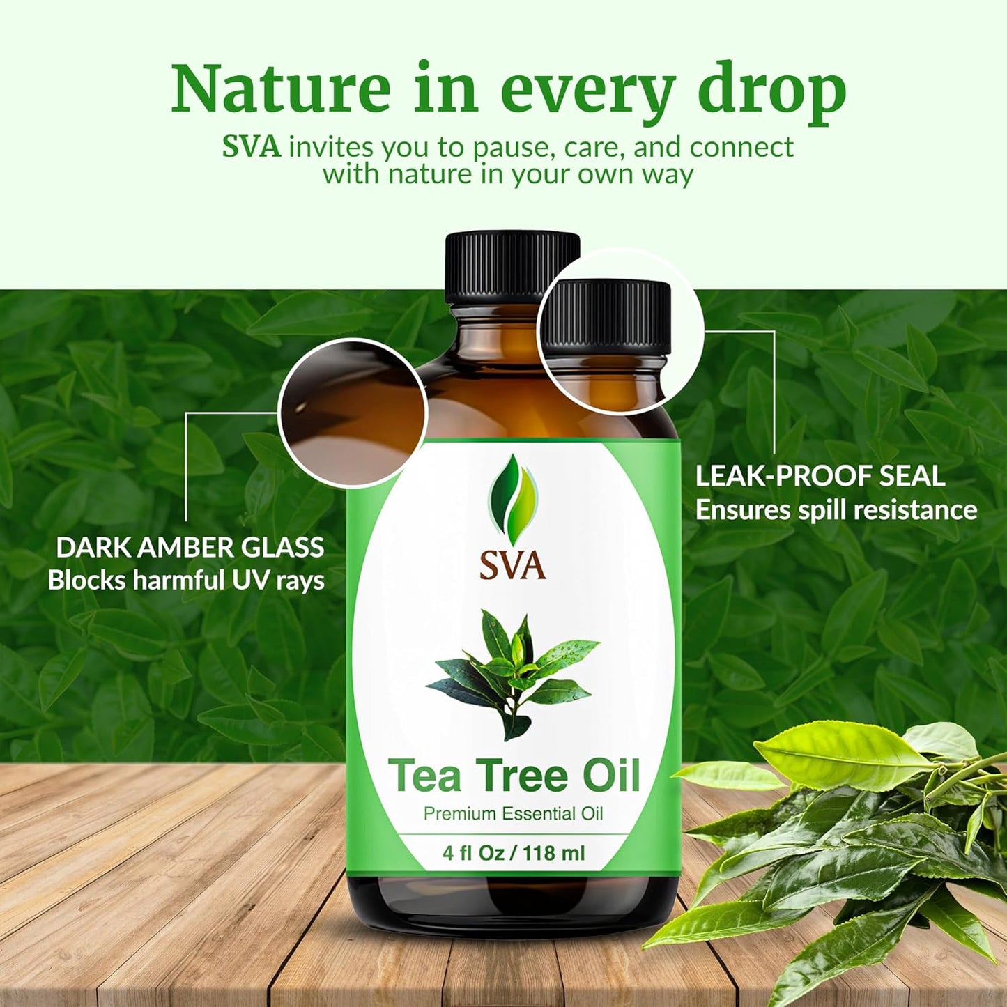 SVA Tea Tree Essential Oil - 100% Natural 4 Fl Oz for Hair, Skin Care, Aromatherapy & Massage