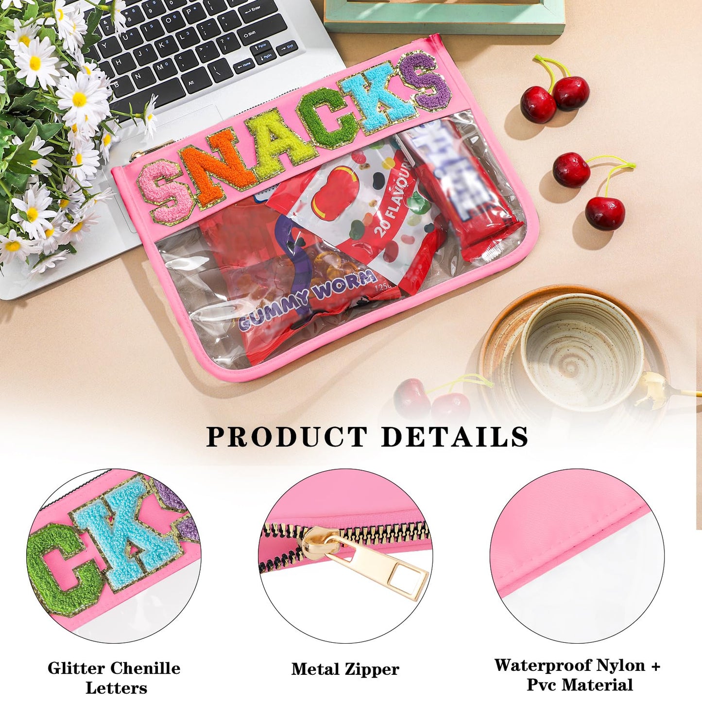 DYSHAYEN Snack Bag for Travel,Chenille Letter Clear Zipper Pouch,Nylon Clear Cosmetic Bag,Preppy Makeup Travel Bag for Women (Pink-Snacks)