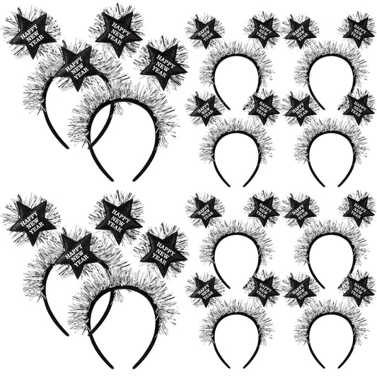 Yuxung 12 Pcs Happy New Year Headband with Star Flashing Headband 2024 New Year Eve Hair Hoop Headdress Hair Accessories Silver Wire Adult Kids Holiday Party Supplies Favors
