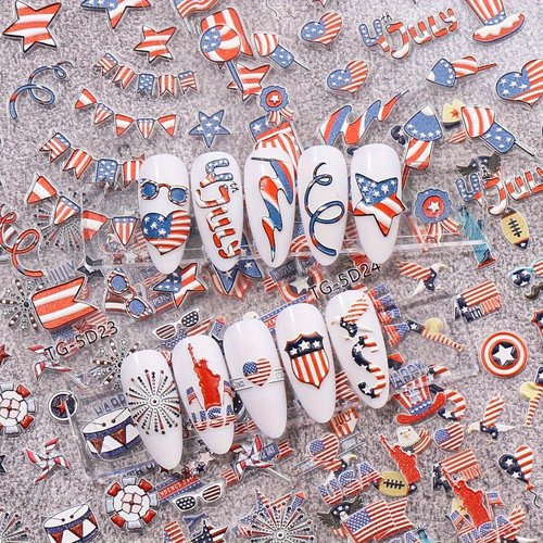 5Sheets 4th of July 5D Nail Art Stickers Decals Red Blue White American Flag Self-Adhesive Embossed Nail Decals Stars Heart Designs Independence Day Nail Decorations DIY Nail Supplies for Women Kids
