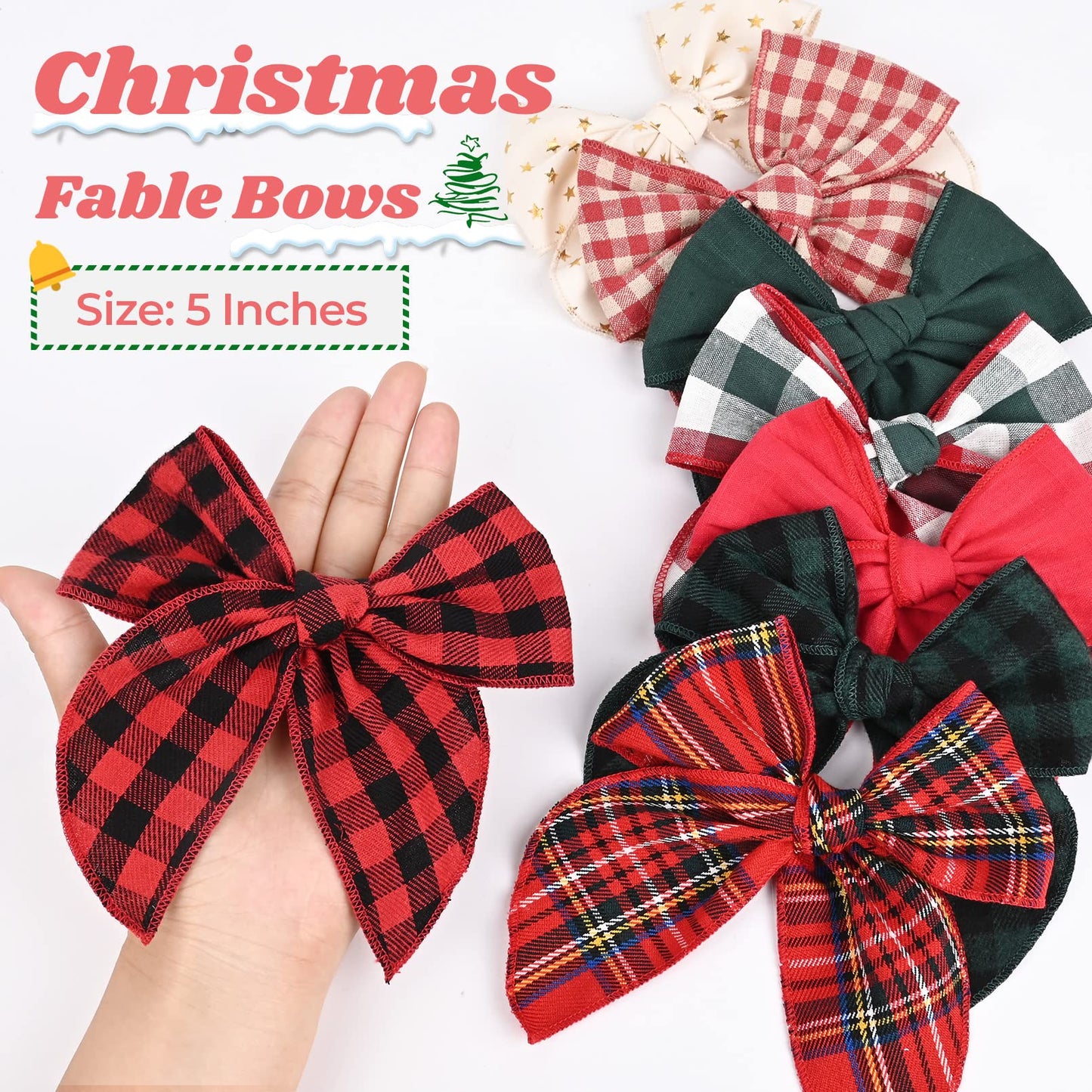 DEEKA 8 PCS Large Christmas Fable Hair Bows Cotton Linen Red and Black Plaid Hair Bow for Toddlers Girls Handmade Christmas Hair Accessories for Little Girls Kids