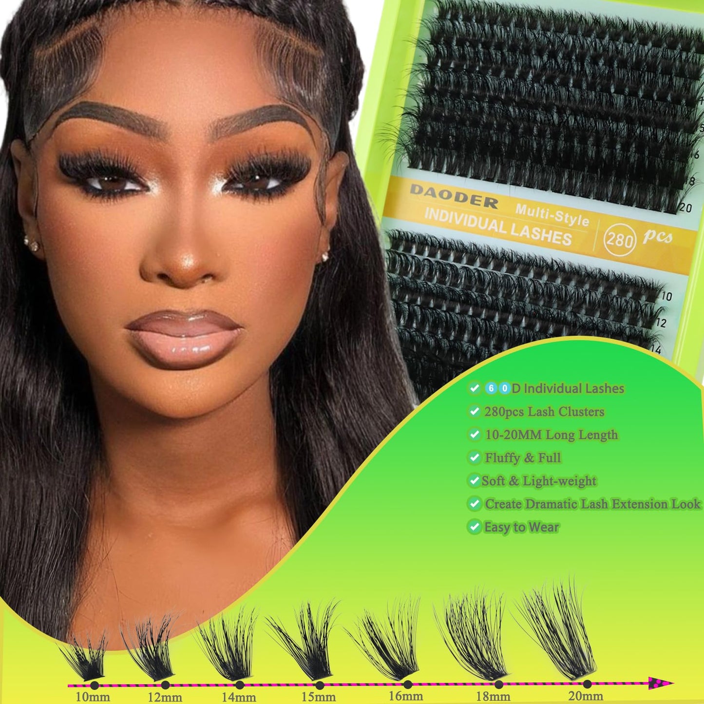 DAODER 20MM Lash Clusters Kit With Lash Remover Bond And Seal 280pcs 60D Thick Volume Fluffy Lash Extension Kit D Curl Easy to DIY At Home (Lash Clusters 60D)