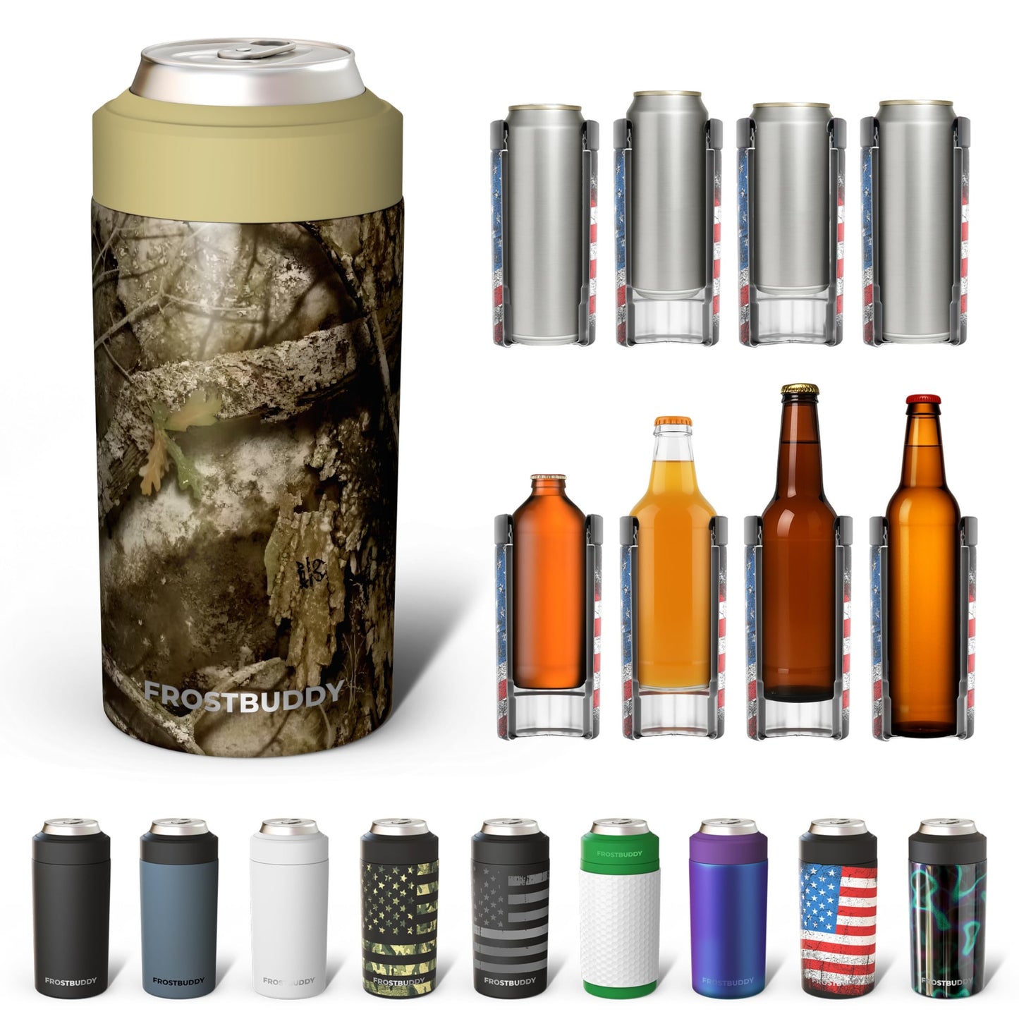 Frost Buddy Universal Buddy Can Cooler - Fits All - For Regular 12 & 16 oz or Slim-Size Bottles - Insulated Double -Walled Stainless Steel (All white)